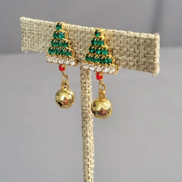 Womens Clip On Earrings Crystal Christmas Trees Gold Tone Accents Green Red 1 in - Picture 2 of 6